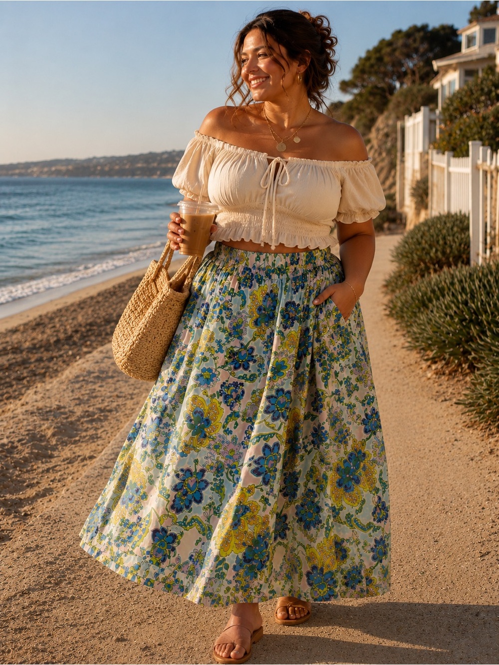 🌟 SUNNY LEIGH | Floral Print Smocked Waist Midi Skirt - Multicolor
